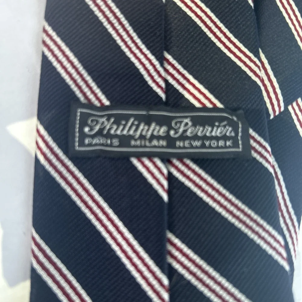 Vtg Philippe Perrier Repp Striped Silk Tie Navy Blue With Red & White Classic